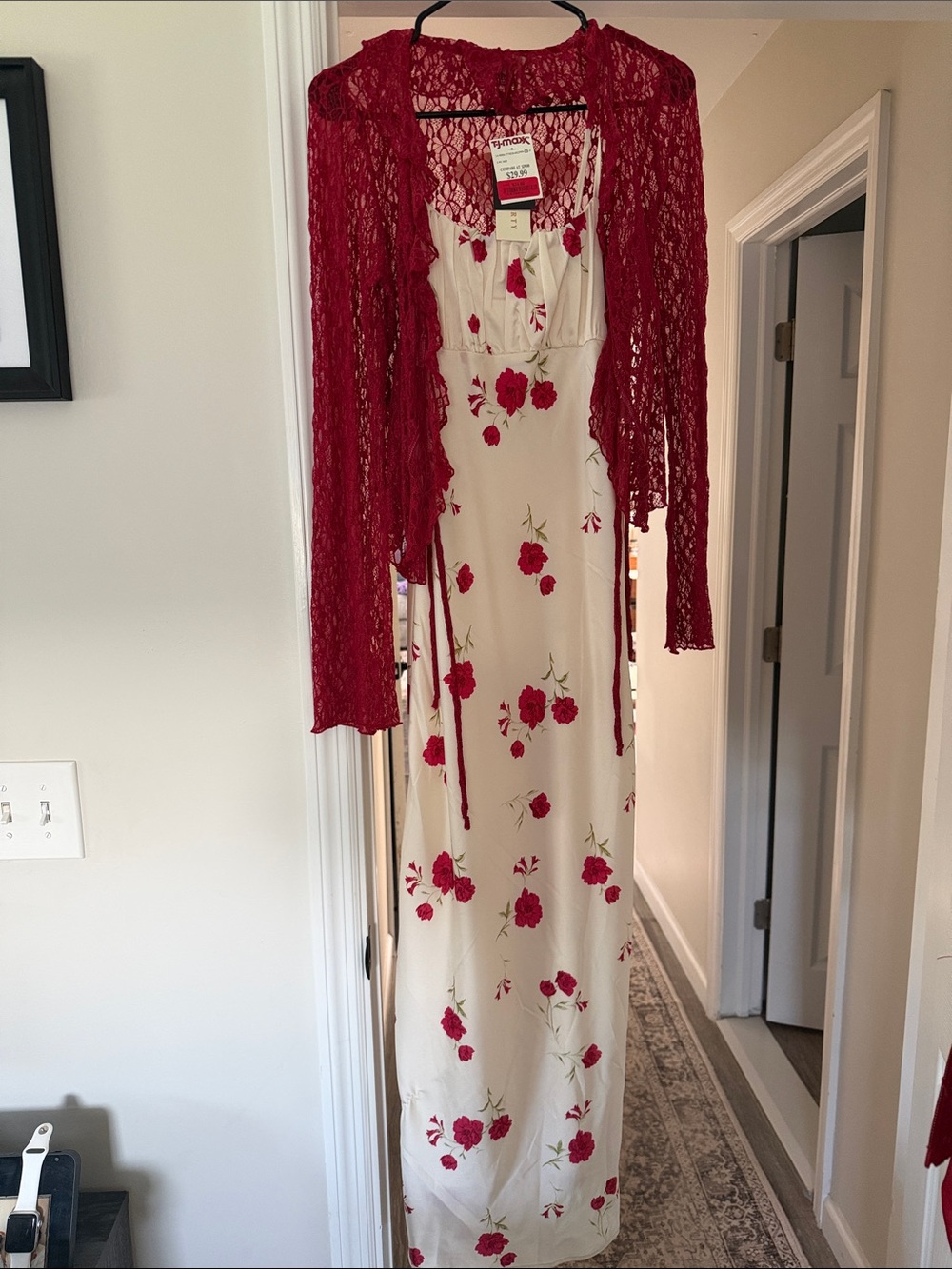 T.J.Maxx Cream Maxi Dress with Red Floral Print and Red Lace Cardigan - 2 piece